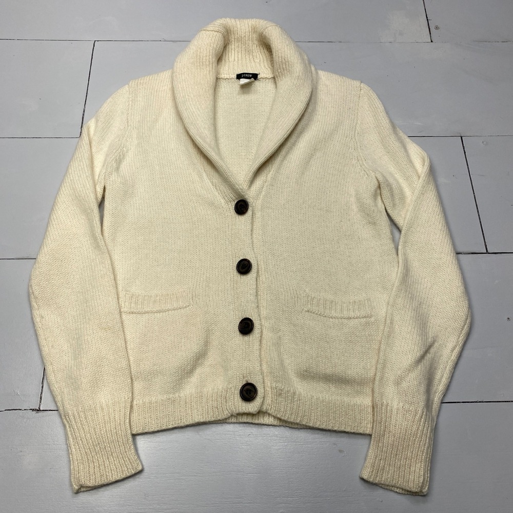 J.Crew Shawl Collar Cardigan Sweater Womens M Cream Alpaca Merino Wool Pocket